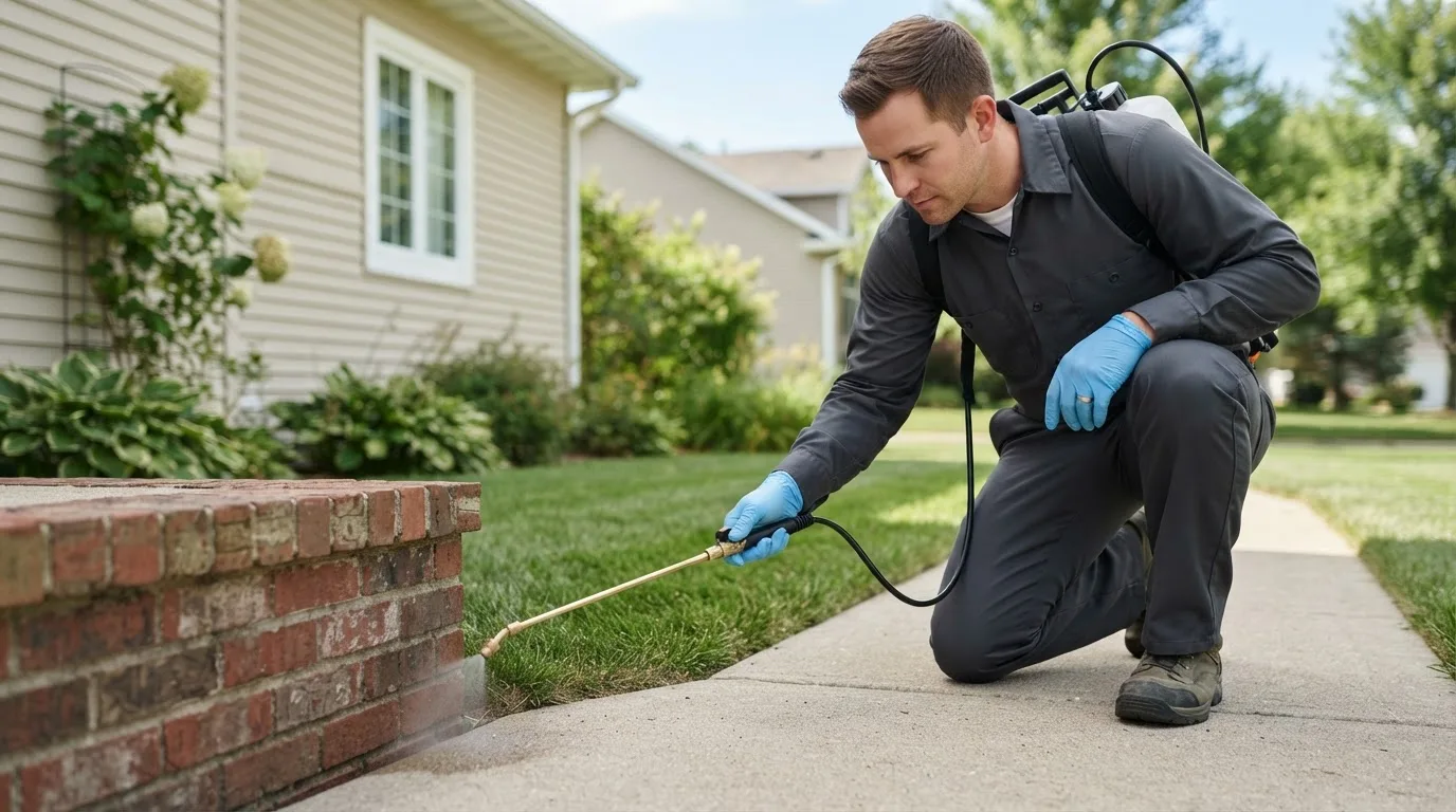 Pest control technician treating a home near Kanorado, KS