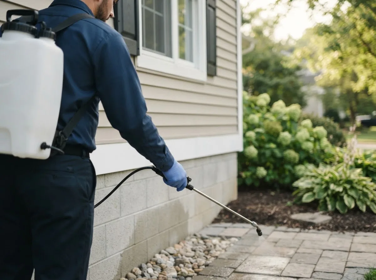Pest control technician inspecting a home in Kanorado, KS